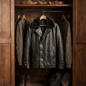Op de afbeelding: Een donkergrijze leren caban met een donkere imitatiebontkraag, dubbele rij knopen en gespen bij de manchetten, hangend in een houten kledingkast naast een bruine tweed blazer, een bruine gebreide trui, bruine leren laarzen en tassen.