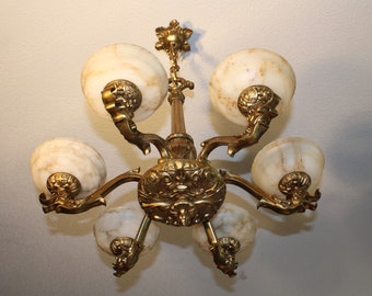 Antique Light fixture chandelier solid bronze & real alabaster 1920 restored