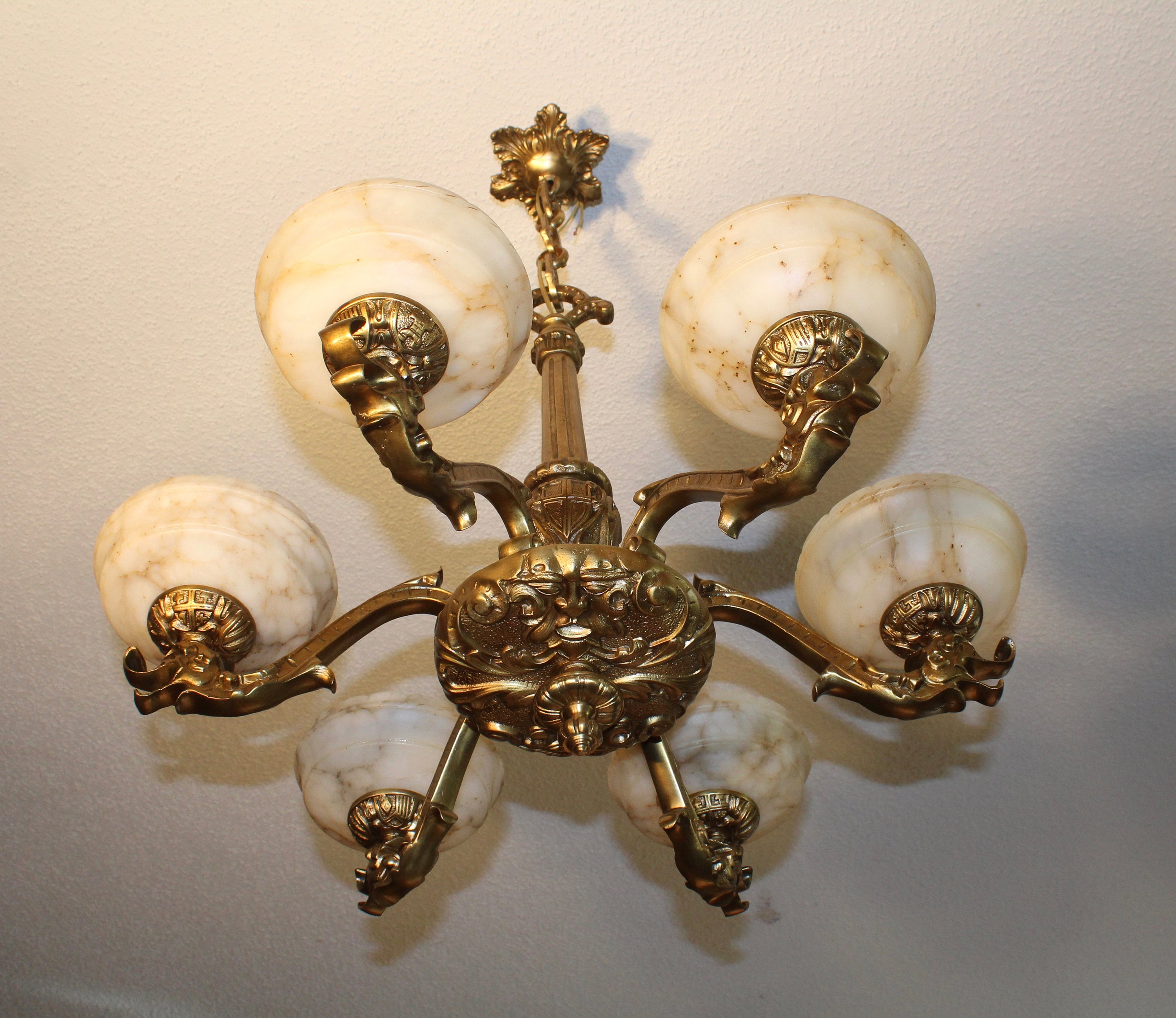 Antique Light fixture chandelier solid bronze & real alabaster 1920
