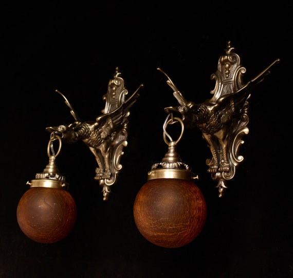 wall lights fixture with gargoyles bronze Amber Crackle Glass Art Deco