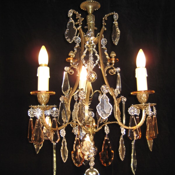 Antique bronze 3 light chandelier with crystal drops France circa 1920