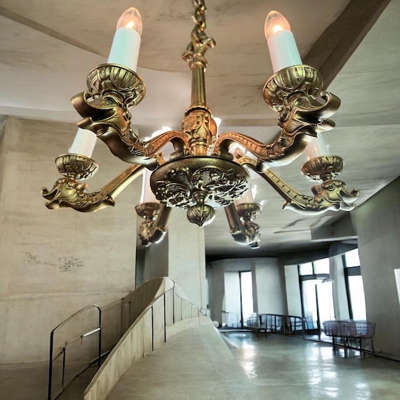 Gothic1920/30 six light fixture chandelier dragons cast bronze.