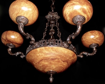 Light fixture chandelier 9 lights solid bronze real alabaster made in North America