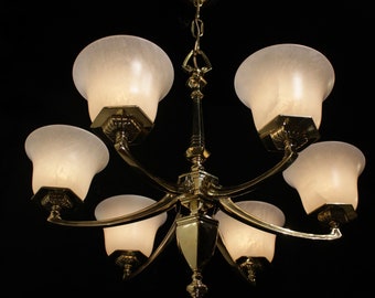 Original Art Deco light fixture chandelier bronze & real alabaster circa 1930 fully restored