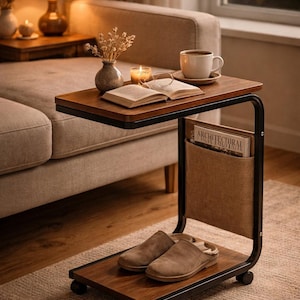 Rolling Side Table with Storage Bag – Solid Wood Top & Stainless Steel Frame | Retro Modern Sofa Laptop Table (Brown)