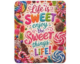 Livet är sött typografi godis collage filt | Fleece sherpafilt