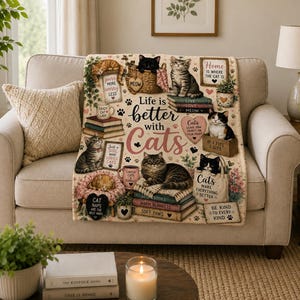 Das Leben ist besser mit Katzen Fleece Sherpa Decke | Katzenmuster, gemütlicher Überwurf