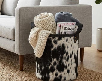 Black Leather Storage Basket - Round Laundry Hamper Ideal Storage Leather Bin For Towels And Blankets - Storage Organization