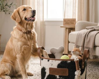 Personalized Hair-On Cowhide Dog Toy Basket – Custom Leather Pet Storage Organizer