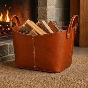 May include: A tan leather firewood basket with two arched handles and brass-colored metal rivets along the vertical seam. The basket is filled with several pieces of split wood logs, showcasing a smooth, structured exterior design.