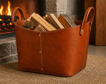 May include: A tan leather firewood basket with two arched handles and brass-colored metal rivets along the vertical seam. The basket is filled with several pieces of split wood logs, showcasing a smooth, structured exterior design.