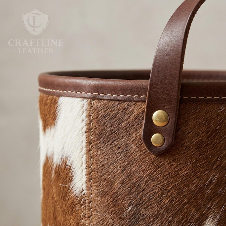 May include: A cylindrical basket crafted from brown and white cowhide with a smooth dark brown leather rim and handle. The handle is secured to the basket with two brass-colored metal rivets. The texture of the fur is visible throughout.