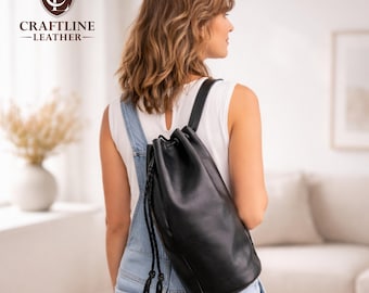 Black Leather Bucket Bag, Crossbody Bag, Drawstring Closure, Handmade Minimal Satchel, Leather Sling Backpack