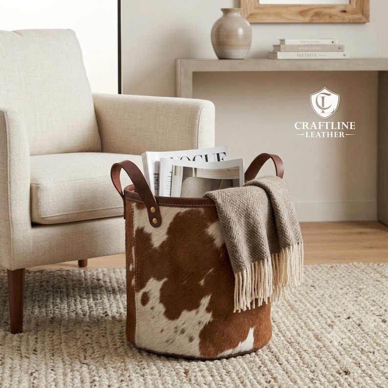 May include: A cylindrical storage basket featuring a brown and white cowhide pattern with dark brown leather handles secured by brass rivets. The basket contains magazines and is draped with a textured beige throw blanket. Text reads CRAFTLINE LEATHER.
