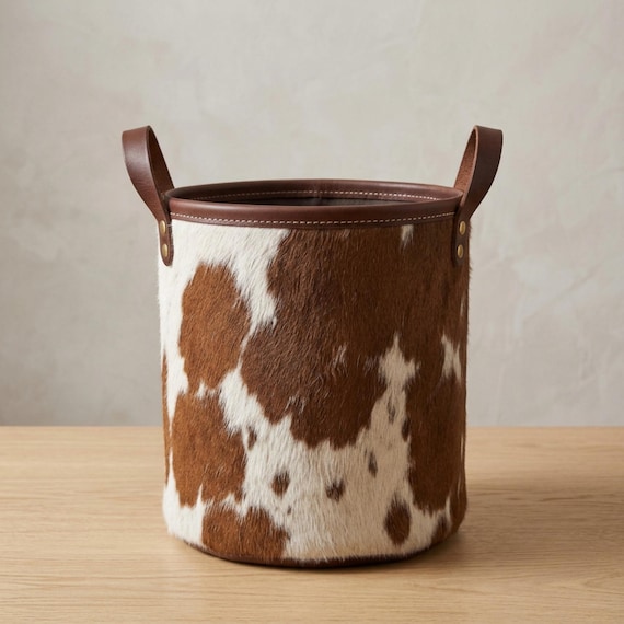 Handcrafted Cowhide Leather Storage Basket - Hair-on Hide Full-Grain Leather - Blanket Basket, Fireside Magazine Holder