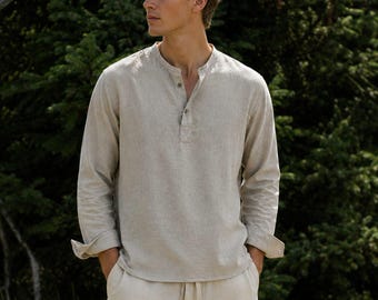 Men's Linen Cotton Shirt, Full Sleeve, Lightweight Beach Vacation Casual Wear