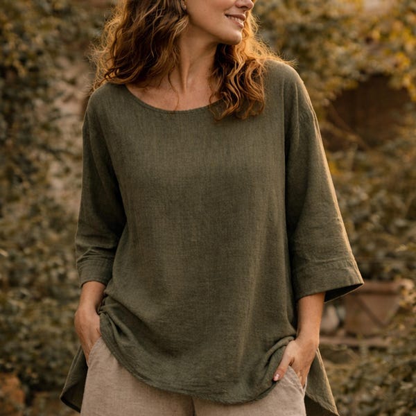 Oversized Linen Tunic Top - Olive Green Relaxed Boho Blouse