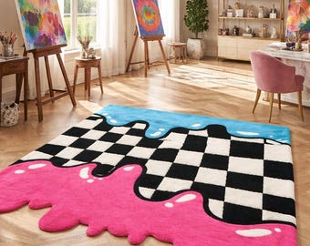 Melting Checkerboard Rug | Hand Tufted Modern Abstract Wool Area Rug 4x6,6x9ft | Colorful Designer Carpet for Living Room & Creative Spaces