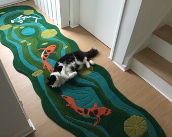 Hand Tufted Koi Fish Rug, Irregular Pond Shape Wool Area Rug, Nature Inspired Artistic Carpet for Living Room, Balcony, Boho Home Decor
