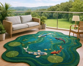 Koi-Fisch-Teppich, Grüner Unregelmäßiger Wollteppich in Teichform, Handgetufteter Naturteppich für Wohnzimmer, Balkon, Boho Home Decor