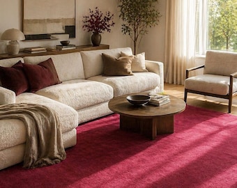 Luxury Solid Burgundy Hand Tufted Rug, Modern Minimal Area Rug, Plush Wool Carpet for Living Room, Bedroom & Home Decor Red Tapis