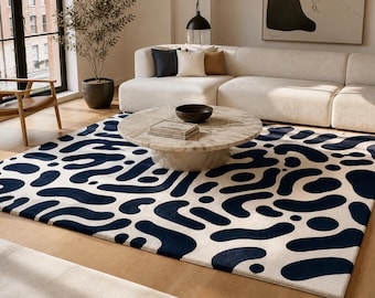 Tapete de luxo abstrato em lã azul marinho e marfim, tufado à mão, tapete moderno e contemporâneo, tapete de pelo grosso e macio para decoração de sala de estar.