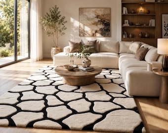 Hand Tufted Modern Area Rug, Black Beige Abstract Wool Rug, Luxury Handmade Carpet, Designer Living Room and Bedroom Decor, Minimalist Tapis