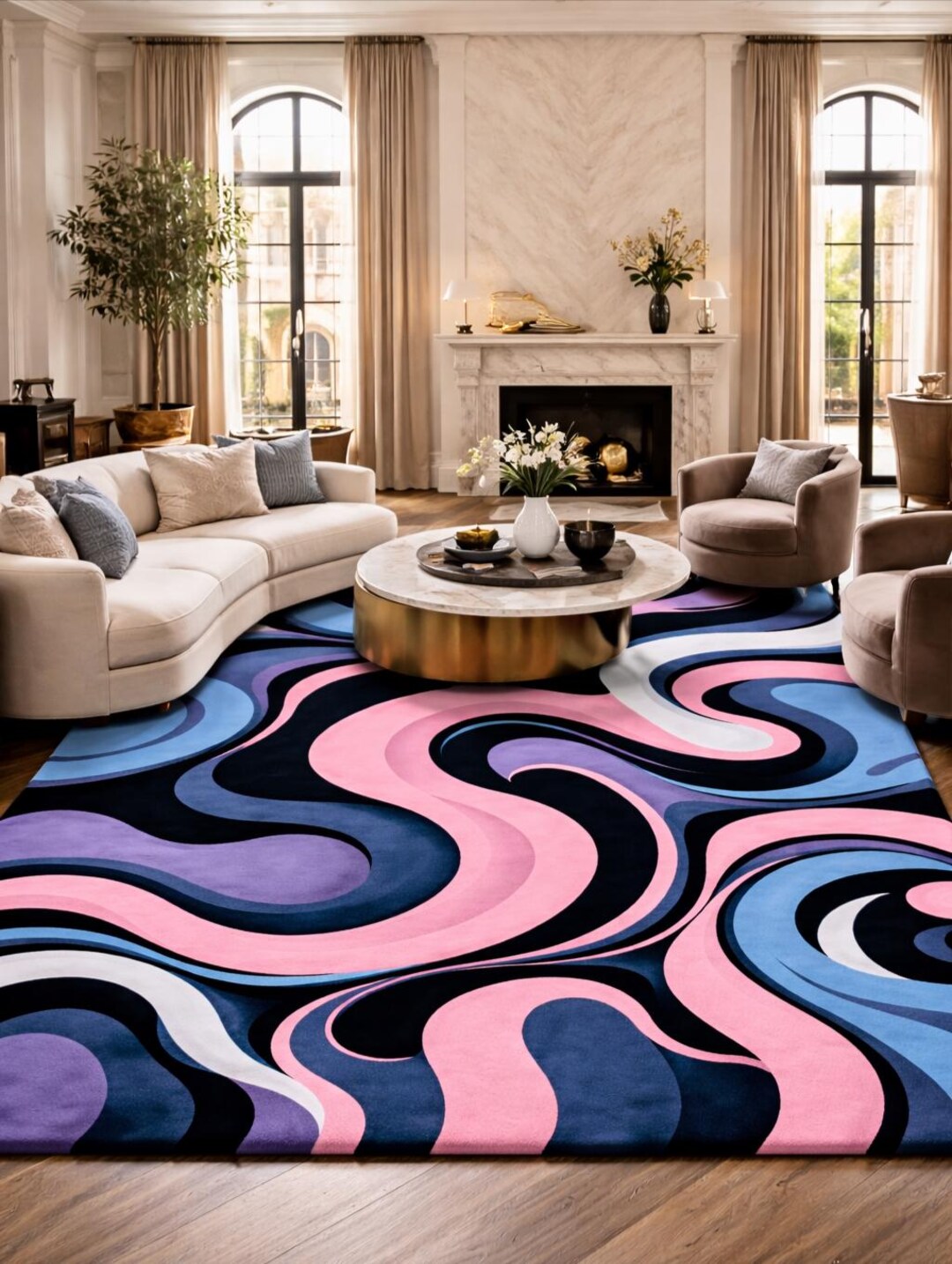 Abstract Hand Tufted Wool Rug, Modern Wavy Area Rug in Pink Blue ...