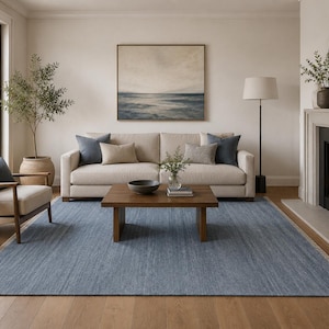 Hand Knotted Blue Oushak Rug, Handmade Wool Area Rug, Solid Colour Carpet, Large Living Room Flooring, Neutral Luxury Home Decor Teppich