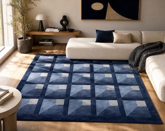 Moderner Handgetufteter Wollteppich, Geometrischer Blauer Teppich 1,5x2,5x 3m | Luxuriöser, zeitgenössischer Bodenbelag für Wohnzimmer, Schlafzimmer und Bürowohnkultur