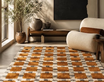 Handgetuft dambordtapijt, modern neutraal vloerkleed 9 x 12 ft, bruinbeige geometrische wollen tapis voor woonkamer en minimalistisch interieur