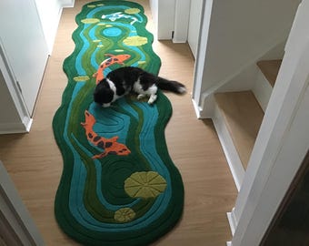 Hand Tufted Koi Fish Rug, Irregular Pond Shape Wool Area Rug, Nature Inspired Artistic Carpet for Living Room, Balcony, Boho Home Decor