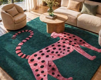 Tappeto moderno trapuntato a mano con motivo animale, tappeto artistico leopardato rosa, tappeto in lana, arredamento di design per camera da letto, lussuoso tappeto di design fatto a mano