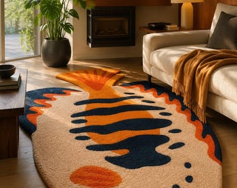 Hand Tufted Abstract Fish Shape Wool Rug, Modern Art Area Rug, Colorful Designer Carpet for Living Room,  Bedroom & Creative Home Decor