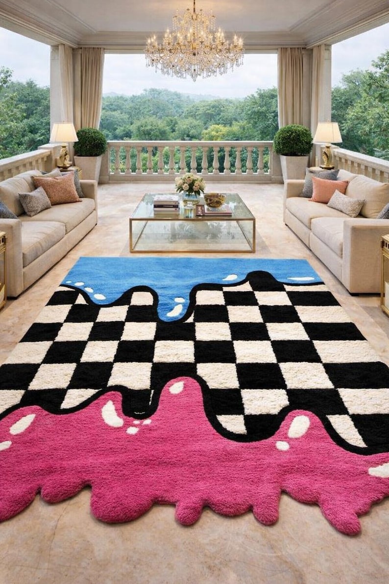 Dripping Rug Hand Tufted Melting Checkerboard Rug | Modern Abstract Wool Area Rug ...