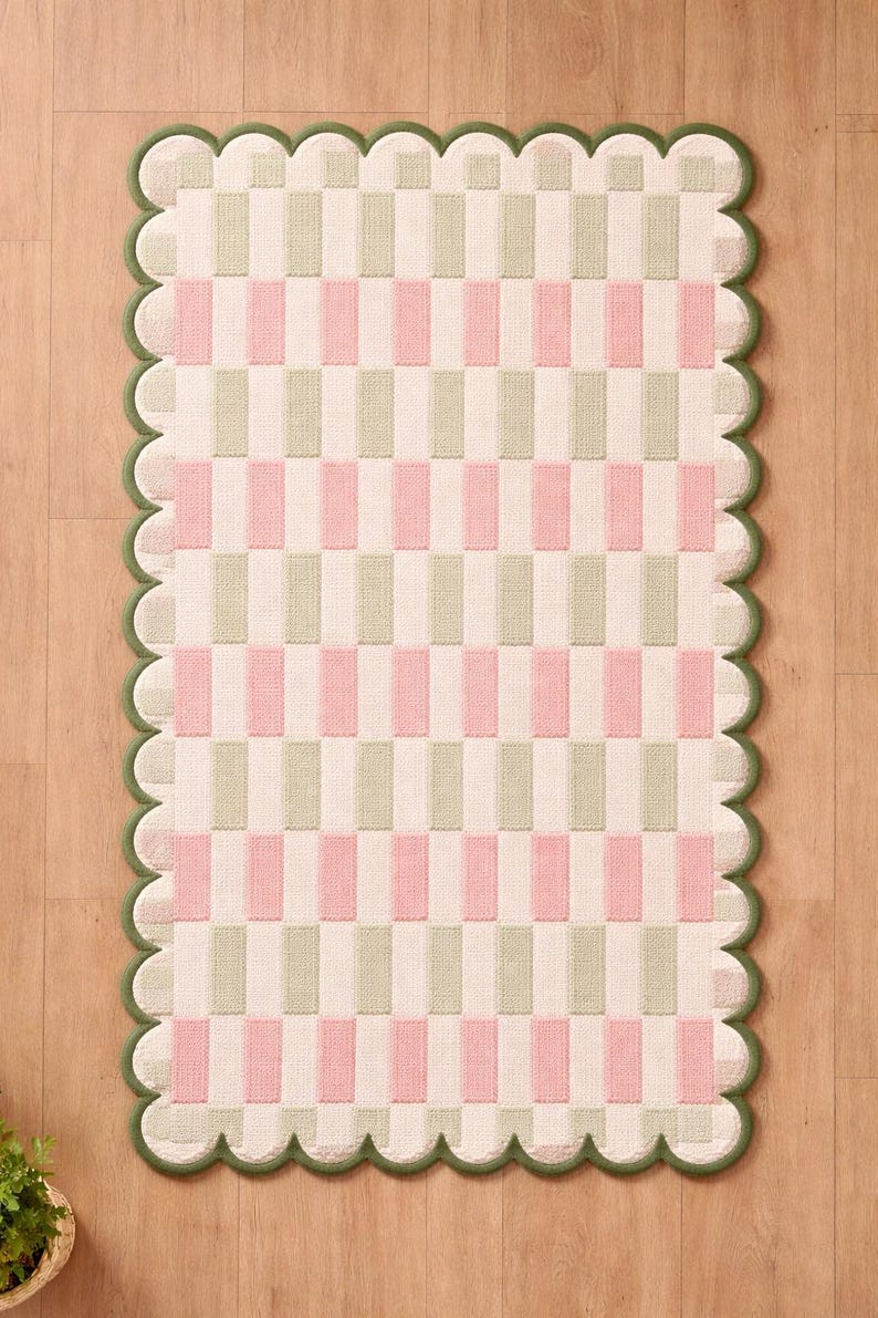 Pink Rup Pattern Hand Tufted Matilda Rug, Scalloped Edge Wool Area Rug 5x8ft | Soft Pink ...
