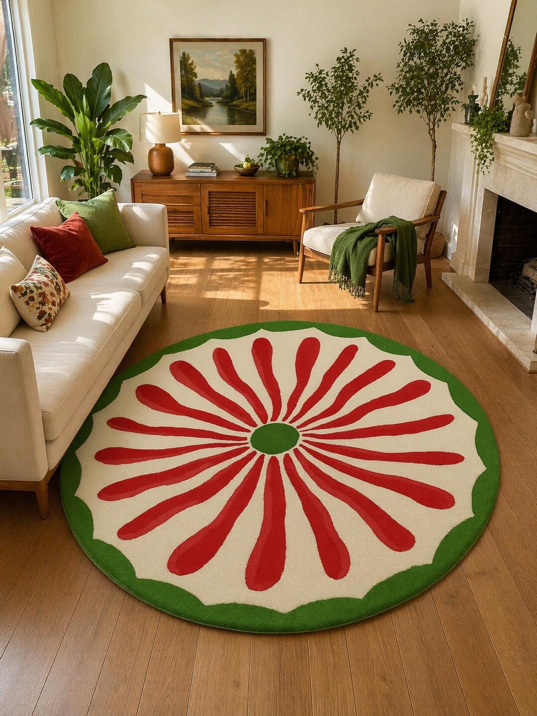 Red Tuft Rug Round Hand Tufted Wool Rug, Floral Sunburst Tapis, Modern Area Rug, Red ...