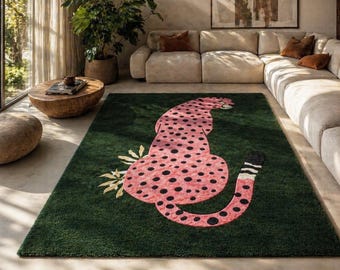 Hand Tufted Pink Leopard Rug on Green Base | Luxury Modern Animal Area Rug 8x10ft | Statement Carpet for Living Room, Bedroom & Home Decor