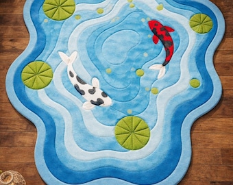 Hand getufteter Koi-Teichteppich | Organisch Geformter Wollteppich, Natur Inspirierter Kunstteppich | Moderner Statement-Bodenbelag für Wohnzimmer- und Schlafzimmerdekor