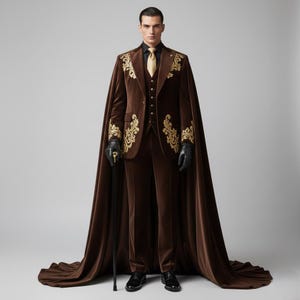 Op de afbeelding: Een bruin fluwelen pak met gouden borduursel, een bijpassende cape en een zwarte wandelstok. Het pak bestaat uit een blazer, een vest en een broek. De cape sleept over de vloer. De persoon draagt een zwart overhemd en stropdas, en zwarte handschoenen.