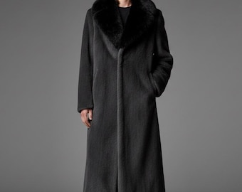 Men's Faux Fur Coat - Luxury Charcoal Grey Winter coat - Full Length Fur Collar Jacket - Gothic Old Money Aesthetic Trench - Gift for Him.