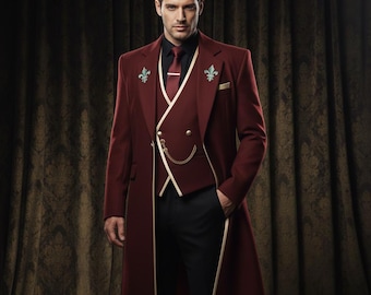 Men’s Royal Burgundy 4-Piece Suit | Long Trench Overcoat | Fleur-de-lis Embroidery | Groom Wedding, Prom & Gala Formal Wear.