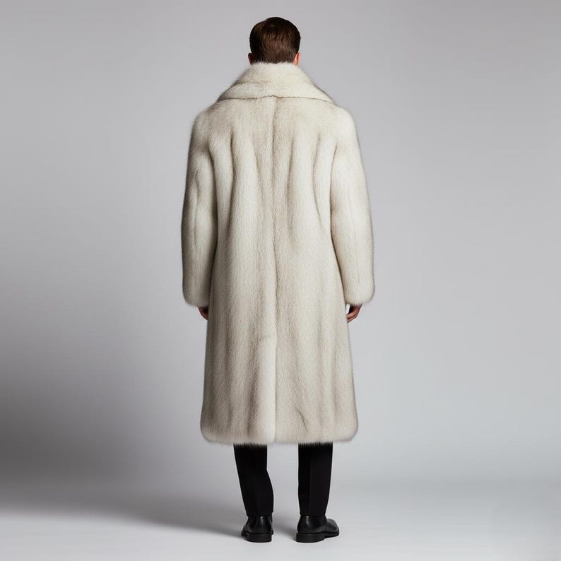 May include: A long, light-colored fur coat with a wide collar. The coat is worn over black pants and shoes. The image is taken from the back, showing the full length of the coat and the person wearing it.