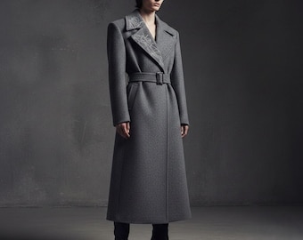 Long Grey Wool Coat, Belted Winter Overcoat with Embroidered Lapel, Elegant Full Length Trench Coat, Luxury Formal Jacket.