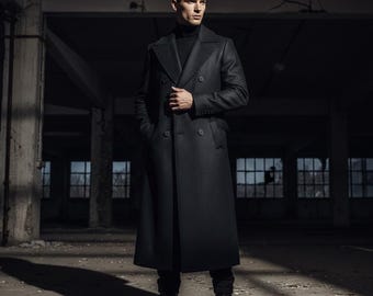 Men's Double Breasted Overcoat, Classic Long Black Trench Coat for Winter, Elegant Slim Fit Peacoat, Designer Outerwear, Handmade Jacket.