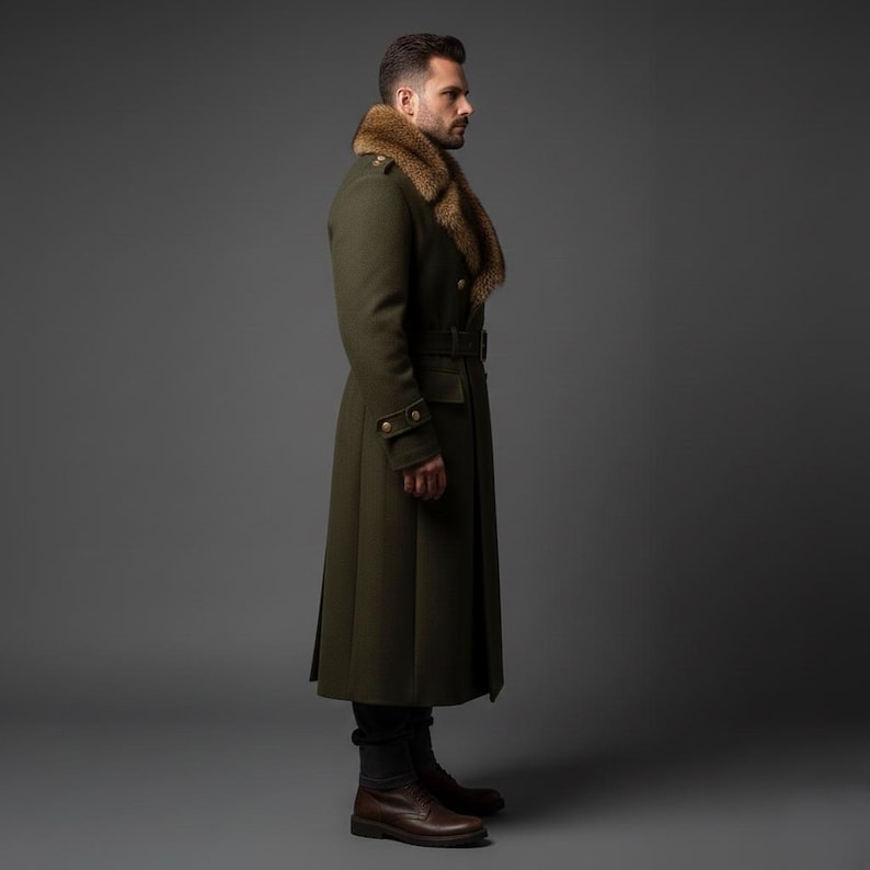 Pode incluir: Um casaco verde-oliva de estilo militar com gola de pele. O casaco apresenta bot&otilde;es dourados, um cinto e um design longo. A pessoa est&aacute; usando cal&ccedil;as pretas e botas marrons.