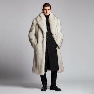 May include: A full-length, light-colored fur coat with a wide collar. The coat is worn over a black suit with a turtleneck. The model is wearing black dress shoes. The background is a solid gray.