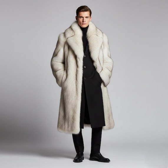 White Mink Faux Fur Long Men's Coat, Mink Fur Coat For Winter, Warm handmade fur jacket, vintage Style fur coat, Long statement overcoat