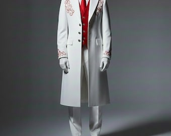 May include: A white formal suit with a long coat featuring red embroidered details. The suit includes a red vest and tie, white gloves, and matching white shoes. The outfit is designed for formal occasions.