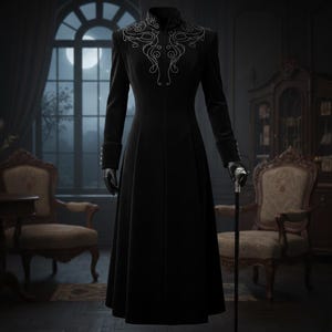 May include: A long, black coat with a high collar and silver embroidery. The coat features long sleeves, buttoned cuffs, and a flared skirt. The image also shows a walking stick and black gloves, suggesting a gothic or Victorian theme.